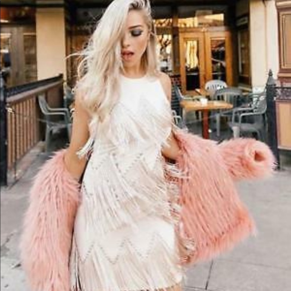 BEBE OPEN SHOULDER FRINGE EMBELLISHED STUD DRESS
